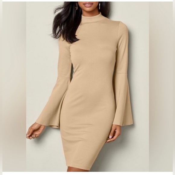 VENUS Dresses & Skirts - NWOT - VENUS Chic Beige Long Sleeve Mini Dress w/ bell sleeves. Size L